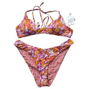 NWT ROXY Pink Floral Reversible Scoop Bikini Top & Cheeky Bottoms Swimsuit Sz L